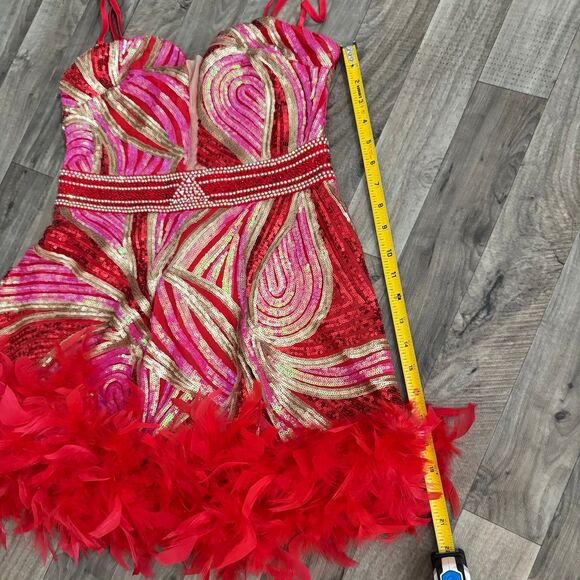 Banjul ornate sequin beaded feathered red mini dress - Picture 3 of 8